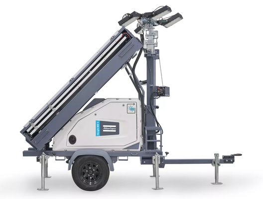 HiLight MS5 Electric Light Tower dengan dimensi pengiriman 2,29 X 1,12 X 2,68 M dan 4 X 150 Watt